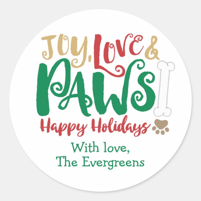 Sticker Rond Joy Love PAWS Dog Happy Holidays (Devant)