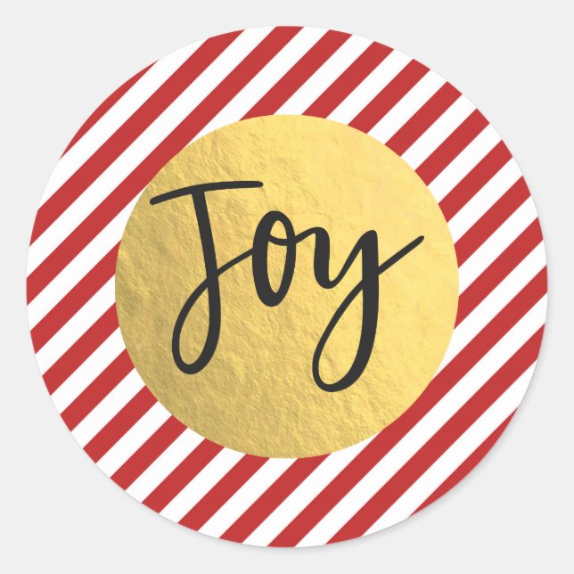 Sticker Rond JOY Noël Fêtes Rayures Rouges Blanches Feuille d'O (Devant)