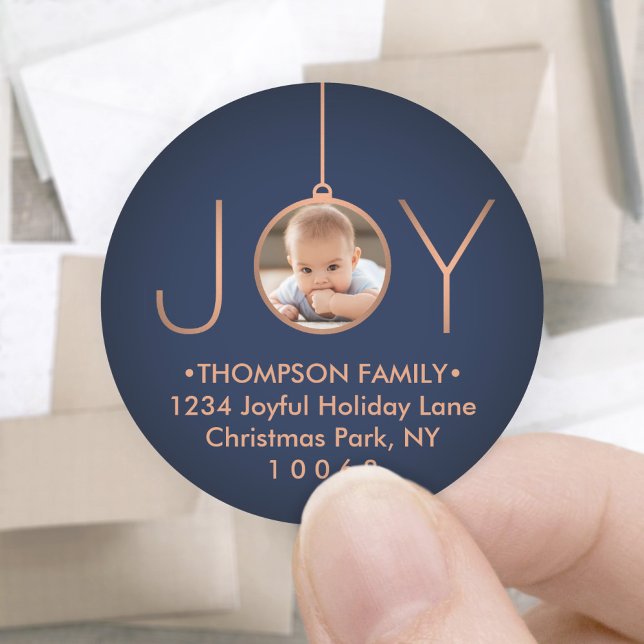 Sticker Rond JOY Photo Marine Blue Christmas Retourner Adresse  (Créateur téléchargé)