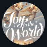 Sticker Rond Joy to the World Christmas Design<br><div class="desc">Célébrez la saison des Fêtes avec ce design enchanteur "Joy to the World",  avec deux anges majestueux volant à travers le ciel tout en jouant des trompettes. Cette belle oeuvre symbolise la paix,  la joie et l'esprit festif.</div>