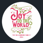 Sticker Rond Joy to the World Christmas Holiday Personnalisé<br><div class="desc">Ajoutez du pizzazz de vacances à vos enveloppes, cartes et emballages de Noël avec cet autocollant Joy to the World ou étiquette. La typographie moderne est faite en rouge baies et vert olive pour donner une ambiance moderne. Il a cependant une ambiance folklorique. Le meilleur des deux mondes. Il y...</div>