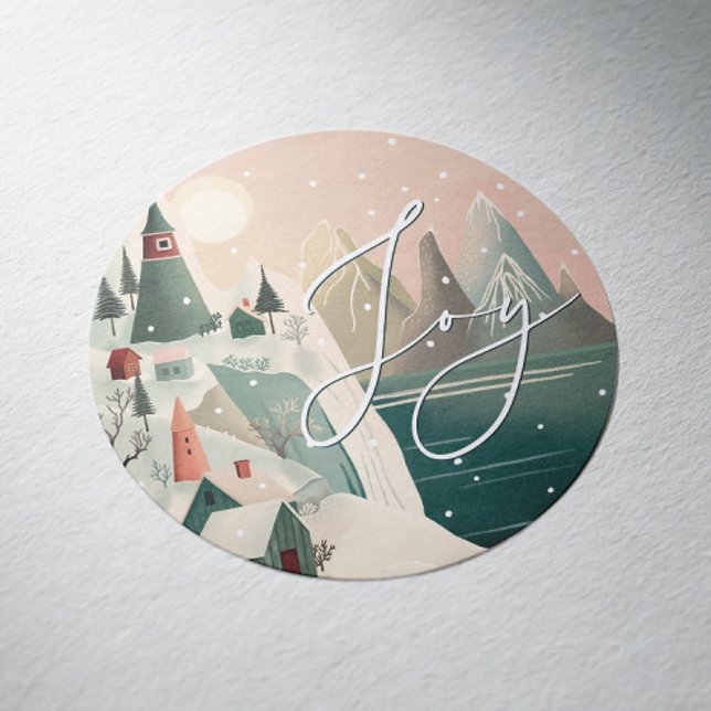 Sticker Rond Joy Winter Mountain Village | Noël (Créateur téléchargé)