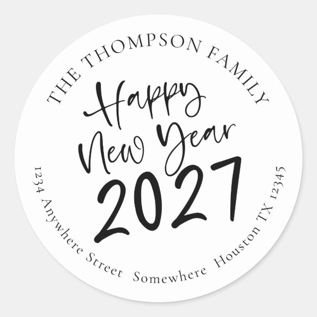 Sticker Rond Joyeuse Année 2027 Script Nom Adresse de Retour (Devant)