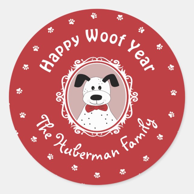 Sticker Rond 'Joyeuse année Fido' Dalmatien de Noël  (Devant)
