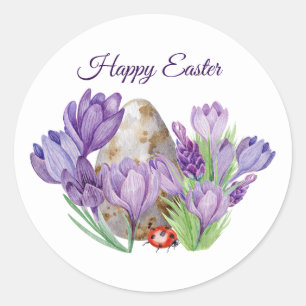 Sticker Rond Joyeuse Aquarelle de Pâques Fleurs de Crocus pourp