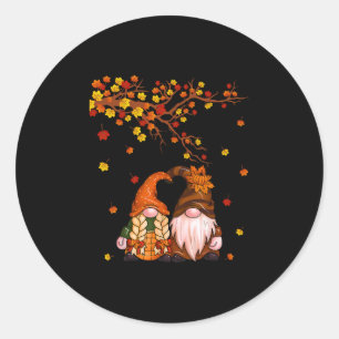 Sticker Rond Joyeuse Automne à Tous Gnome Citrouille Feuilles D