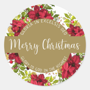 Sticker Rond Joyeuse calligraphie de Noël avec Pointsettia Lati