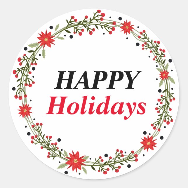 Sticker Rond Joyeuse couronne de fêtes avec fleurs Noël (Devant)