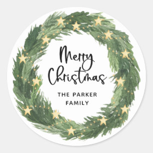 Sticker Rond Joyeuse couronne de Noël avec étoiles d'or sur b