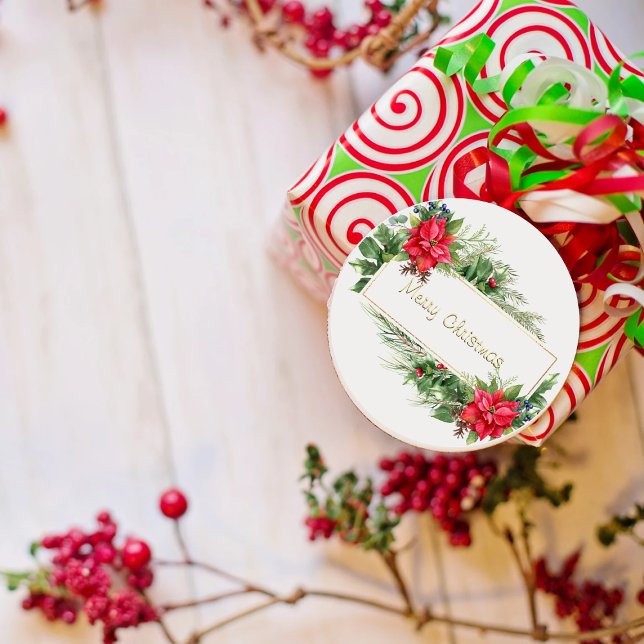 Sticker Rond Joyeuse couronne de Noël encadrée Hiver Rouge Salu (Créateur téléchargé)