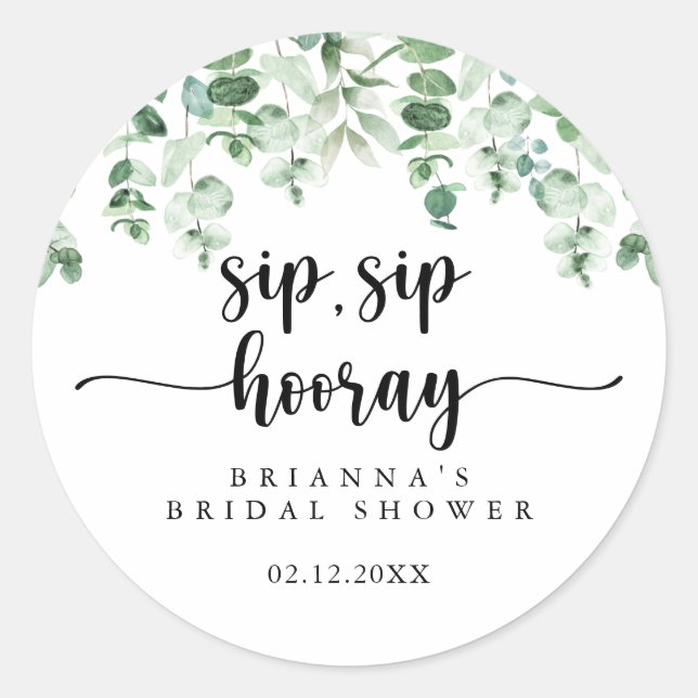 Sticker Rond Joyeuse Douche de Mariée au Eucalyptus Vert Sip Si (Devant)