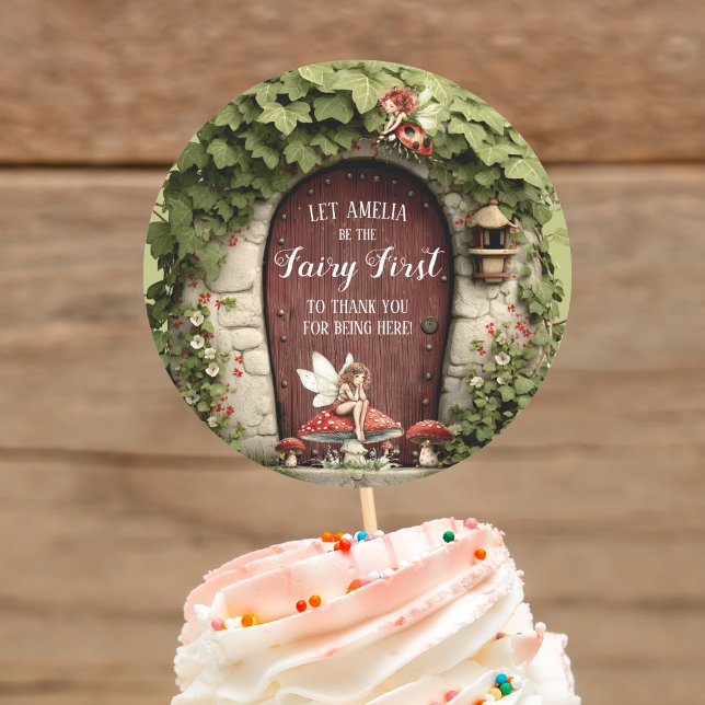 Sticker Rond Joyeuse Fée Premier Anniversaire Merci  (Happy Fairy First Birthday Thank You Sticker Can be used with a toothpick to make cupcake toppers)