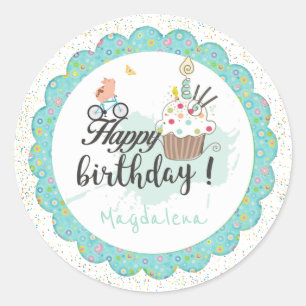 Sticker Rond Joyeuse fête d'anniversaire Cupcake mignonne 