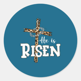 Sticker Rond Joyeuse fête de Pâques Il est ressuscité Jésus Léo