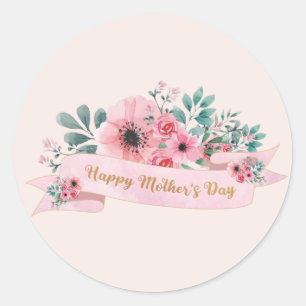 Sticker Rond Joyeuse Fête des Mères Aquarelle rose