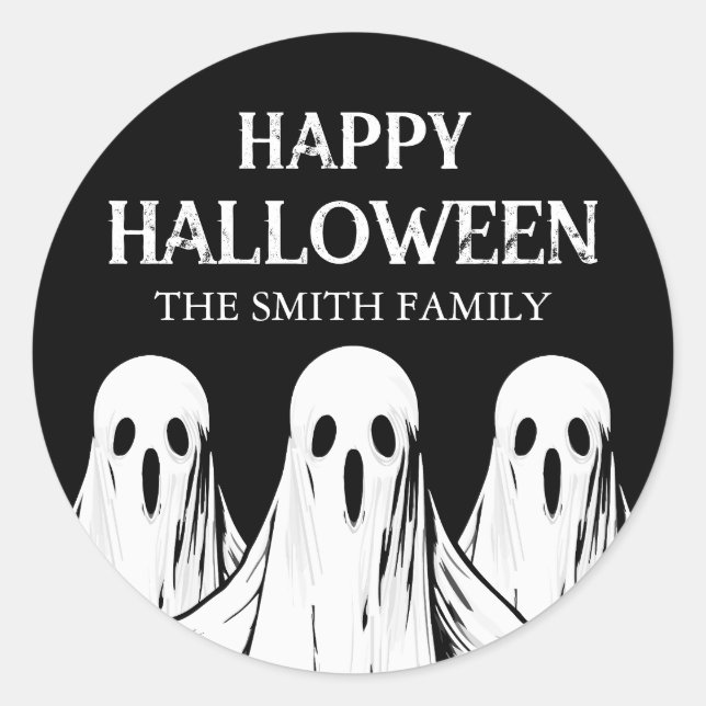 Sticker Rond Joyeuse fête d'Halloween fantôme noir et blanc (Devant)