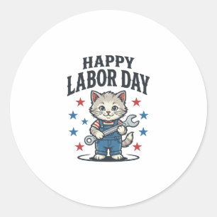 Sticker Rond Joyeuse Fête du Travail Chat Patriote Vintage Créa