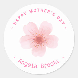 Sticker Rond Joyeuse Fleur rose de fête des Mères blanche