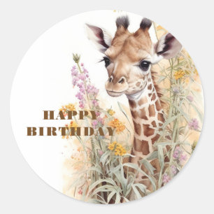 Sticker Rond Joyeuse Giraffe d'anniversaire