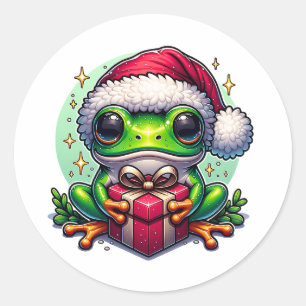 Sticker Rond Joyeuse Grenouille de Noël avec cadeau