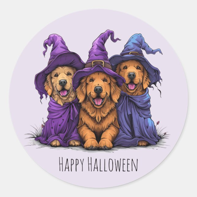 Sticker Rond Joyeuse Halloween Golden Retriever Chiens sorcière (Devant)