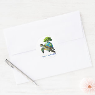 Sticker Rond Joyeuse Journée de la Terre Planète Tortue et Arbr