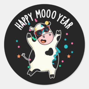 Sticker Rond Joyeuse Moo Année Funny Cow Pun Dark BG
