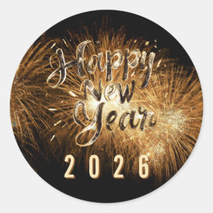 Sticker Rond Joyeuse nouvelle année 2026 golden détails feu d'a