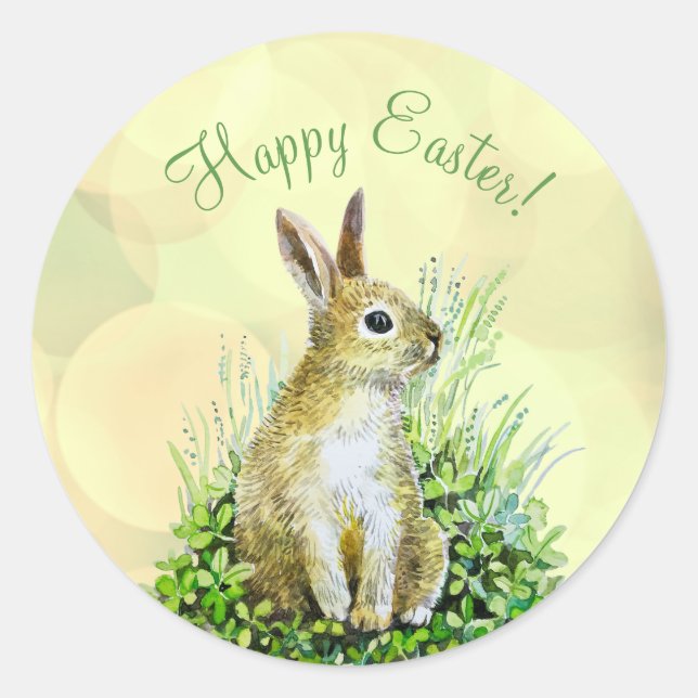Sticker Rond Joyeuse Pâques petite aquarelle lapin (Devant)