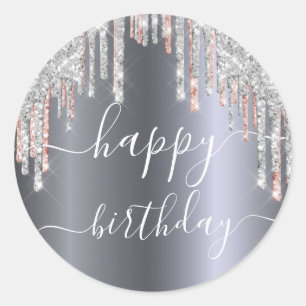Sticker Rond Joyeuse parties scintillant d'anniversaire argent 