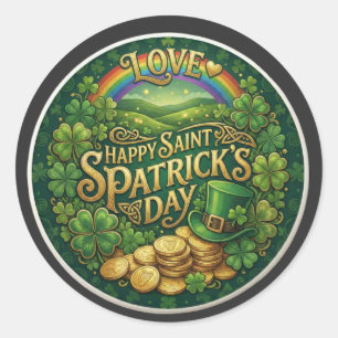 Sticker Rond Joyeuse Saint-Patrick Amour Cœur Arc-en-Ciel Shamr