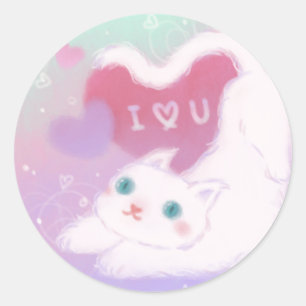 Sticker Rond Joyeuse Saint-Valentin avec chat blanc duveteux