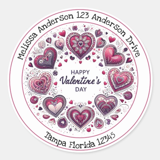 Sticker Rond Joyeuse Saint Valentin avec Coeurs Enveloppe Sceau (Devant)