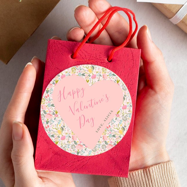 Sticker Rond Joyeuse Saint-Valentin cœur rose floral (Créateur téléchargé)