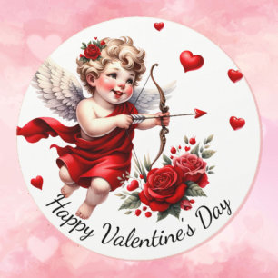 Sticker Rond Joyeuse Saint-Valentin Cupidon avec des cœurs roug
