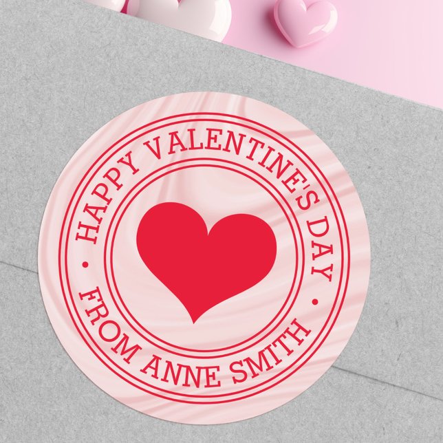 Sticker Rond Joyeuse Saint-Valentin de la part de Name tourbill (Happy Valentine's Day from Name pink satin swirls Classic Round Sticker)