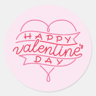 Sticker Rond Joyeuse Saint-Valentin Écriture Élégante Cœurs Ros