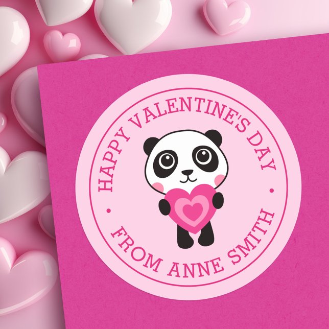 Sticker Rond Joyeuse Saint-Valentin nom ourson mignon coeur ros (Happy Valentine's Day name cute panda heart pink Classic Round Sticker)