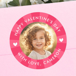 Sticker Rond Joyeuse Saint-Valentin soleil éclaté photo rose