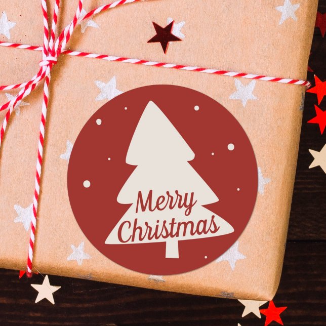 Sticker Rond Joyeuse silhouette d'arbre de Noël rouge et blanc (Créateur téléchargé)