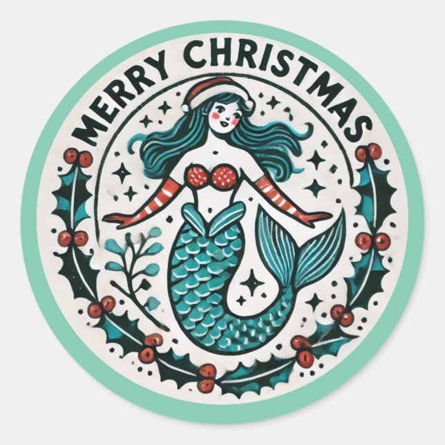 Sticker Rond Joyeuse sirène de Noël (Devant)