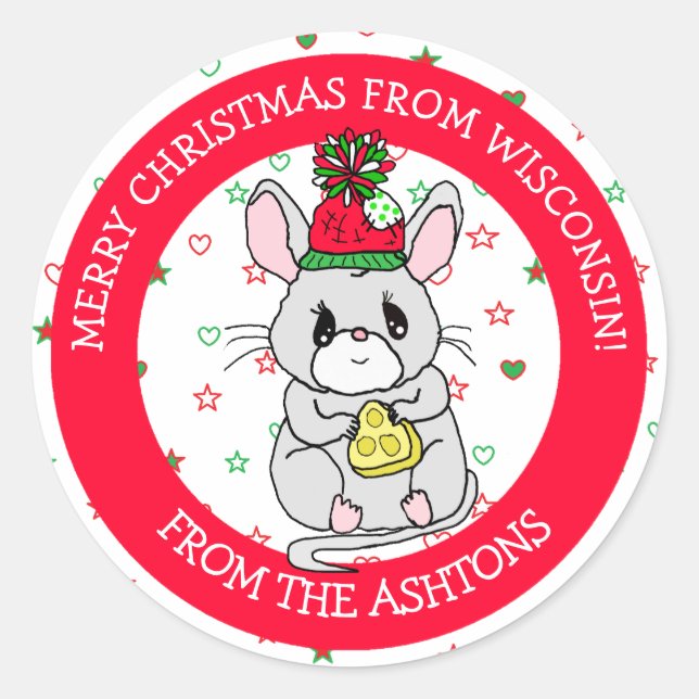 Sticker Rond Joyeuse souris de Noël avec fromage Fêtes (Devant)