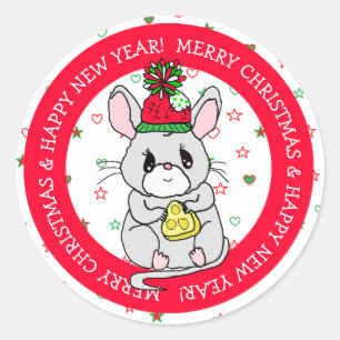 Sticker Rond Joyeuse souris de Noël avec fromage Fêtes