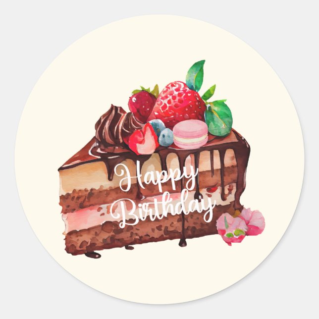 Sticker Rond Joyeuse tranche d'anniversaire de gâteau de chocol (Devant)