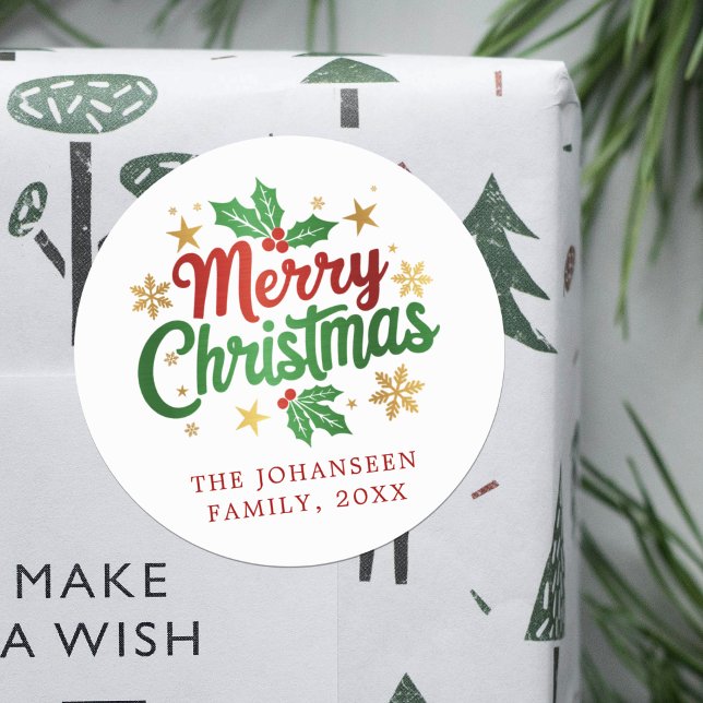 Sticker Rond Joyeuse typographie de Noël Holly Berry Famille (Créateur téléchargé)