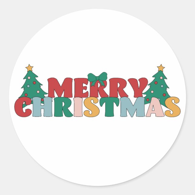 Sticker Rond Joyeuse typographie de Noël Pin Arbre Décoré (Devant)