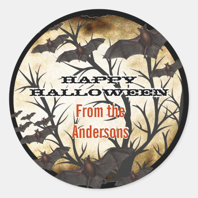 Sticker Rond Joyeuses chauves-souris d'Halloween et parchemin b (Devant)