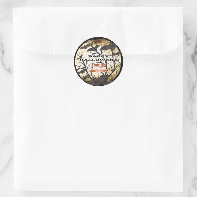 Sticker Rond Joyeuses chauves-souris d'Halloween et parchemin b (Sac)