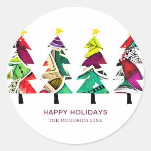 Sticker Rond Joyeuses fêtes, arbres de Noël à motifs