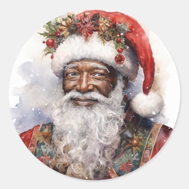 Sticker Rond Joyeuses fêtes avec Black Père Noël (Devant)